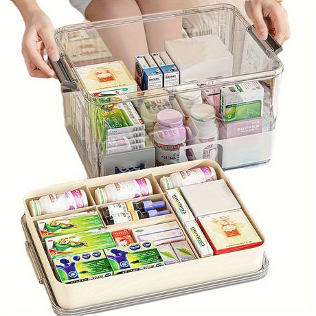 Multi-Layer Large Capacity Home Medicine Box｜Compartment Storage for Emergency & Backup, Shockproof Design for Quick, Hassle-Free Access（transparent tea）