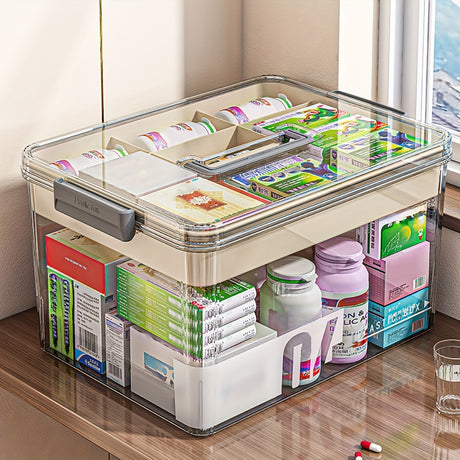 Multi-Layer Large Capacity Home Medicine Box｜Compartment Storage for Emergency & Backup, Shockproof Design for Quick, Hassle-Free Access（transparent tea）