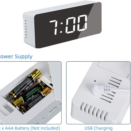 LED Mirror Desk Clock with Snooze Function & Temperature Display Digital Alarm Clock, Large LED Display Mirror Clock with Snooze, Adjustable Brightness, Suitable for Home Bedroom Living Room Office Travel (White)