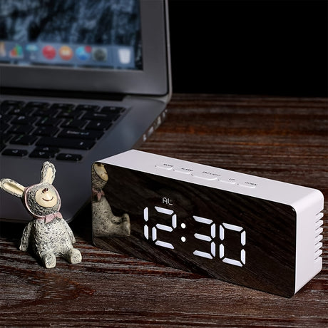 LED Mirror Desk Clock with Snooze Function & Temperature Display Digital Alarm Clock, Large LED Display Mirror Clock with Snooze, Adjustable Brightness, Suitable for Home Bedroom Living Room Office Travel (White)
