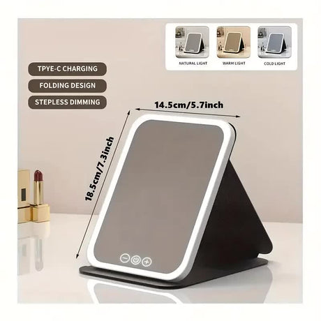 LED folding makeup mirror with light, portable travel beauty mirror with light, three-color adjustable light, touch screen, rechargeable
