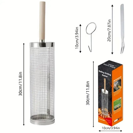 stainless steel BBQ grill, anti-scald design (barbecue basket + barbecue fork + hook) barbecue tool set, portable outdoor barbecue essential items, barbecue camping barbecue accessories, covered outdoor barbecue basket, suitable for camping and outdoor BB