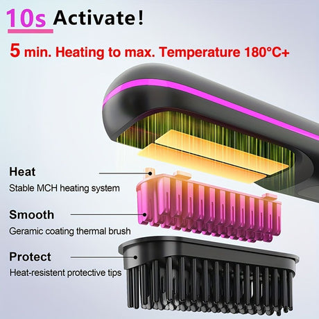 Black Silver Wireless Hair Straightening Comb Fast Heating Hair Comb Women'S Hair Styling