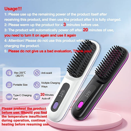 Black Silver Wireless Hair Straightening Comb Fast Heating Hair Comb Women'S Hair Styling