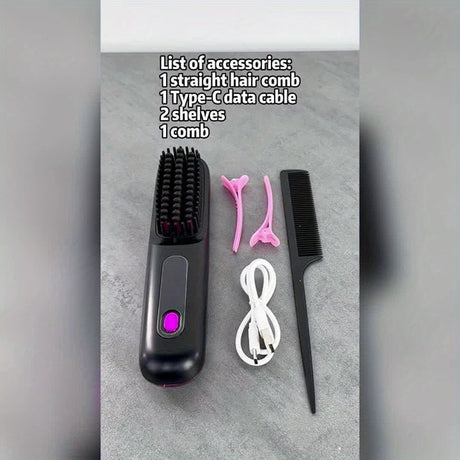 Black Silver Wireless Hair Straightening Comb Fast Heating Hair Comb Women'S Hair Styling