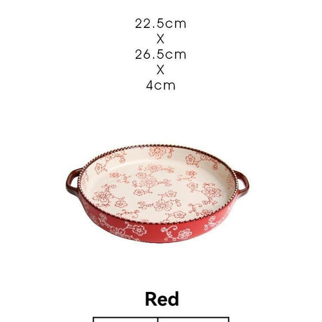 ceramic serving plate, double handled baking dish, pizza pan, cherry blossom pattern, underglaze color, home kitchenware, oven safe dish, baking tray, serving platter, Australian kitchen - Red - Size SET