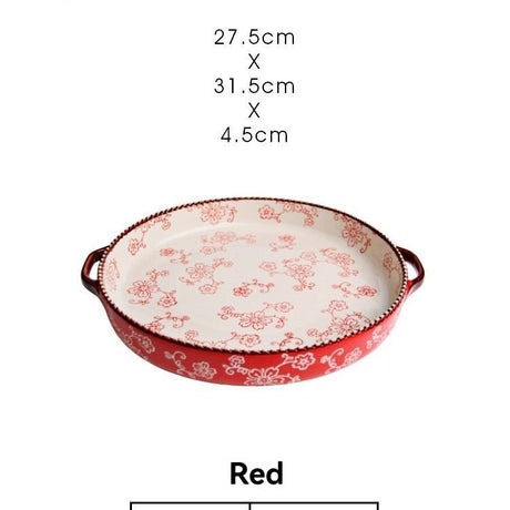 ceramic serving plate, double handled baking dish, pizza pan, cherry blossom pattern, underglaze color, home kitchenware, oven safe dish, baking tray, serving platter, Australian kitchen - Red - Size SET