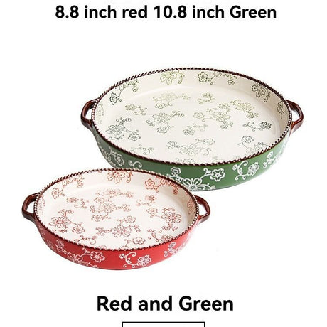 ceramic serving plate, double handled baking dish, pizza pan, cherry blossom pattern, underglaze color, home kitchenware, oven safe dish, baking tray, serving platter, Australian kitchen - Red - Size SET