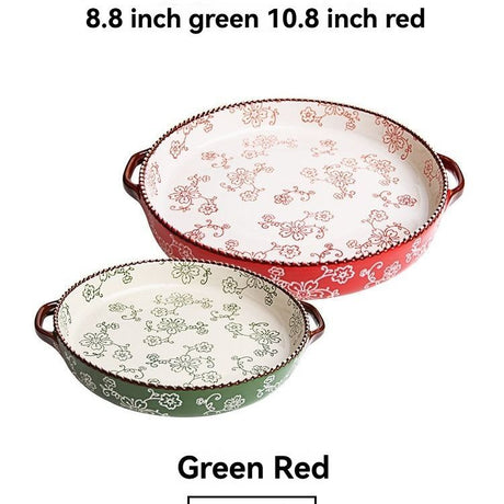 ceramic serving plate, double handled baking dish, pizza pan, cherry blossom pattern, underglaze color, home kitchenware, oven safe dish, baking tray, serving platter, Australian kitchen - Red - Size SET