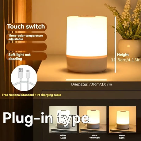 White Silver Touch-Controlled Bedside Lamp Dimmable Table Lamp 3-Color Warm White LED Light