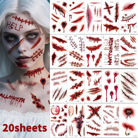 Halloween Tattoos 3D Temporary Tattoos Fake Wound Stickers Blood Wounds - Red - Size scarA-20pcs