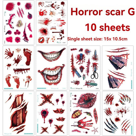 Halloween Tattoos 3D Temporary Tattoos Fake Wound Stickers Blood Wounds - Red - Size scarF-10pcs