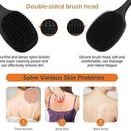 Body exfoliating long handle shower brush, gentle exfoliating body scrub, easy to clean, rich foam, long-lasting fragrance
