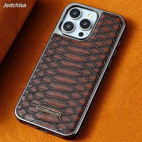 snake-pattern leather phone case, fingerprint-resistant phone case, high-end leather phone case, stylish phone case, durable phone case, Australia - Brown - Size iPhone 15