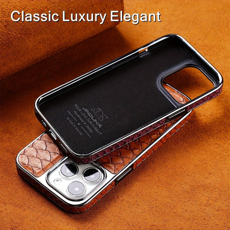 snake-pattern leather phone case, fingerprint-resistant phone case, high-end leather phone case, stylish phone case, durable phone case, Australia - Brown - Size iPhone 15 Pro Max