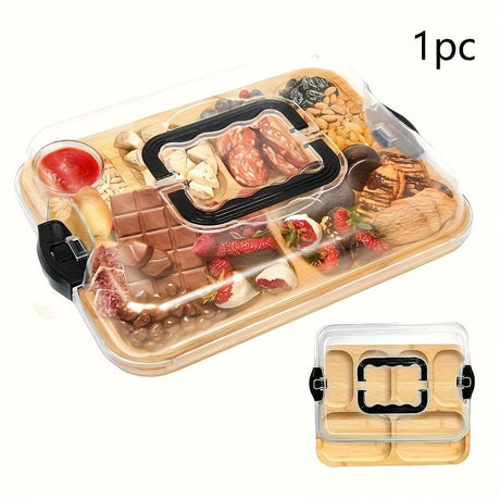 1pc Cheese Tray with Transparent Acrylic Lid - Portable Deli Platter for Camping, Parties, Restaurants | Holiday Appetizer, Deli and Snack Serving Tray, Back Can Be Used for Cutting Board, Party Snack Organizer, Safe Snapon Lid