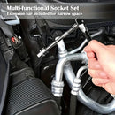 Basic automotive repair manual tool set, including a set of mechanical tools, including ratchet handle, extension pole, universal joint, slider, SAE and metric sockets, hex wrench, and plastic toolbox, excluding batteries. Uncharged manual tool set