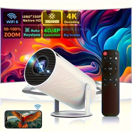 HY300 Pro mini portable projector, native 1280 * 720P support 4K / 350ANSI smart projector, with WiFi 6 BT 6.0, Screen adjustment, 180-degree rotation, home video projector with Android 11. 0 operating system built-in