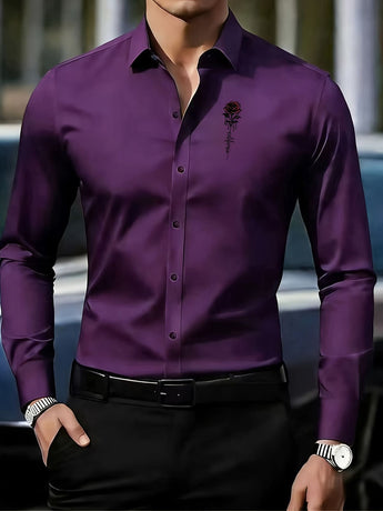 Men'S Formal Shirt Slim Fit Dress Shirt Long Sleeve Shirt Printed Shirt - Burgundy - Size S(AU S/EU46)