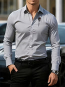 Men'S Formal Shirt Slim Fit Dress Shirt Long Sleeve Shirt Printed Shirt - Khaki - Size L(AU L/EU50)