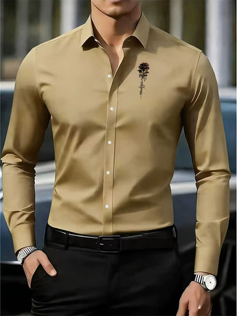 Men'S Formal Shirt Slim Fit Dress Shirt Long Sleeve Shirt Printed Shirt - Khaki - Size L(AU L/EU50)