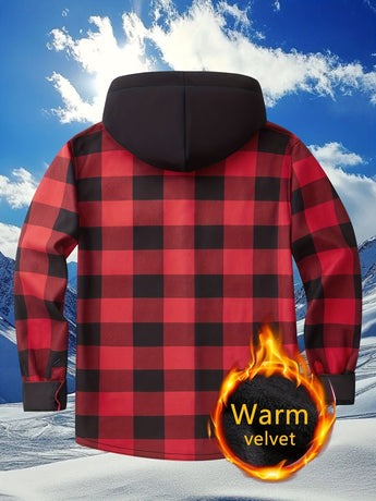Plaid Hooded Jacket with Velvet Lining - Red - Size 3XL(AU 3XL/EU56)