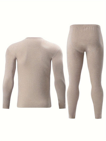 Men's Thermal Underwear Set 2-Piece Long Sleeve Top & High-Waist Pants - Beige - Size S(AU S/EU46)