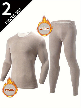 Men's Thermal Underwear Set 2-Piece Long Sleeve Top & High-Waist Pants - Beige - Size M(AU M/EU48)