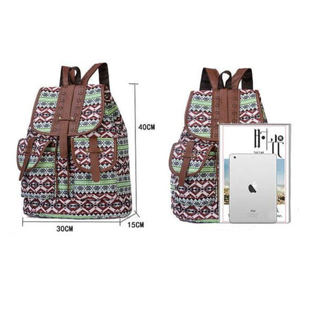Brown Gray Bohemian Backpack Canvas Backpack Retro Tribal Patterns Leather Strap Backpack