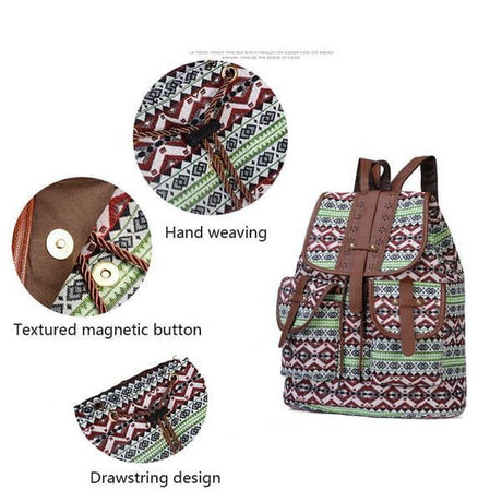 Brown Gray Bohemian Backpack Canvas Backpack Retro Tribal Patterns Leather Strap Backpack
