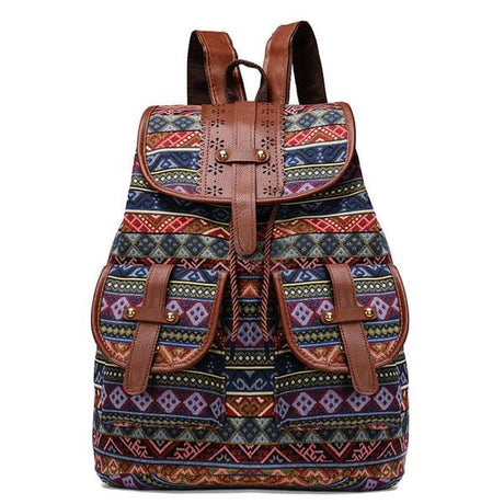 Brown Gray Bohemian Backpack Canvas Backpack Retro Tribal Patterns Leather Strap Backpack