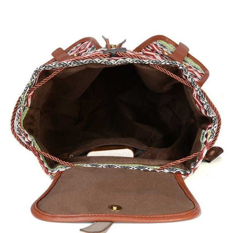 Brown Gray Bohemian Backpack Canvas Backpack Retro Tribal Patterns Leather Strap Backpack