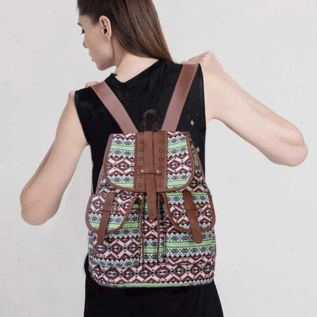 Brown Gray Bohemian Backpack Canvas Backpack Retro Tribal Patterns Leather Strap Backpack