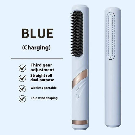 Blue Red Portable Hair Straightening Brush USB Rechargeable Hair Straightener Cold Air
