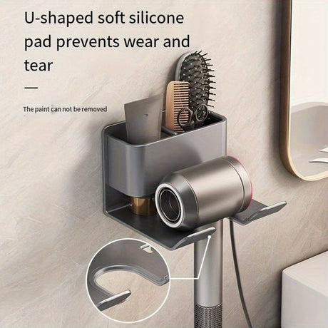 Wall-Mounted Hair Dryer Holder with Storage Compartment