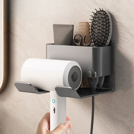 Wall-Mounted Hair Dryer Holder with Storage Compartment