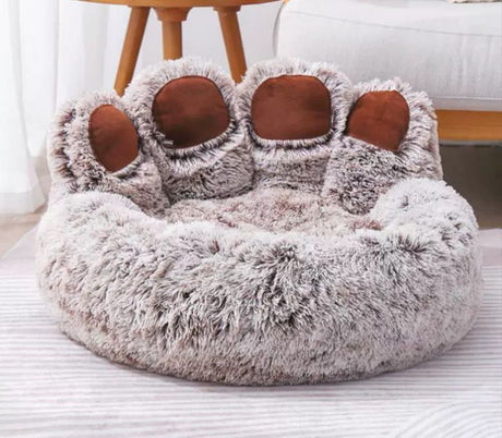 Large Round Dog Bed with Paw Design, Double-Silk Coffee Fleece