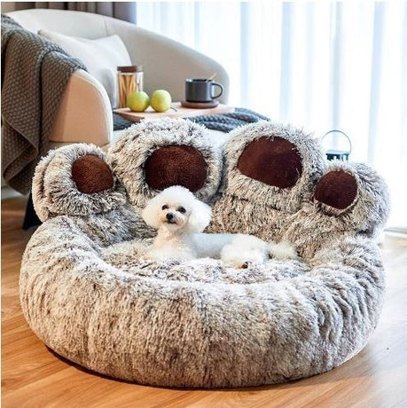 Gray Double-Strands Grey Furry Dog Bed with Paw Design, 90cm
