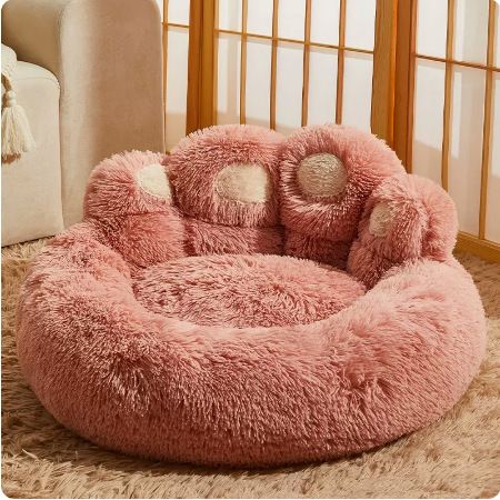Pink Fluffy Dog Bed with Paw Design, 90cm Diameter
