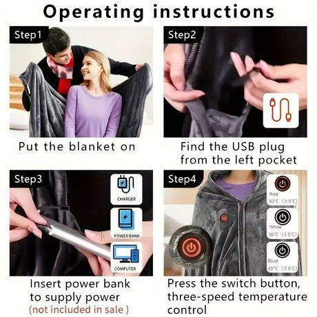 Gray Heated Wearable Blanket with Carbon Fiber Core & Adjustable Heat