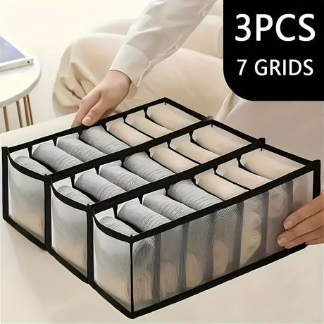 3-Piece Mesh Socks, Underwear & Belt Organizer – Nylon Drawer Dividers, 7 Compartments