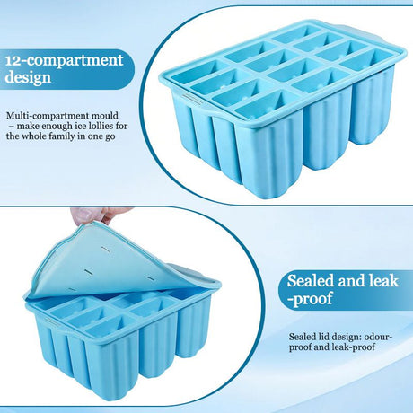 12-Cavity Silicone Ice Lolly Mould with 50 Wooden Sticks