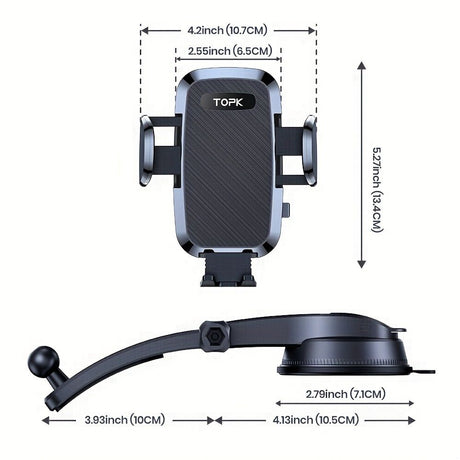 TOPK Car Phone Holder with Strong Suction and Adjustable Arm