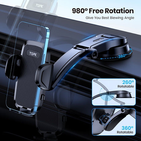 TOPK Car Phone Holder with Strong Suction and Adjustable Arm