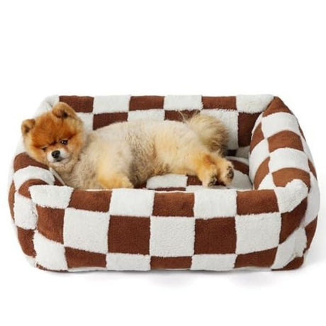 Adorable Square Furry Pet Bed 91x68x20CM with Removable Cover & 5 Bolster Pillows - Brown Checkered