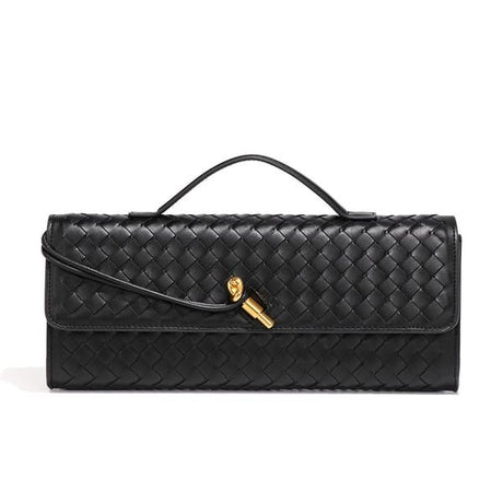 Black Woven Leather Handbag with Gold-Tone Lock