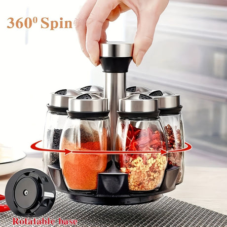 7 pieces rotating base spice dispenser, kitchen supplies, spice dispenser set, including salt, pepper and sugar dispenser - perfect for kitchen storage and organization