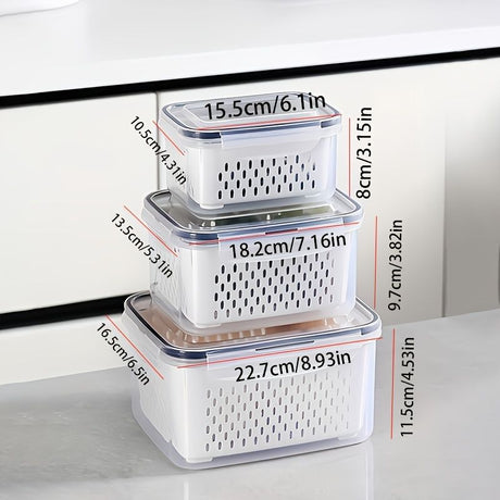 9-piece set (3 containers + 3 lids + 3 draining baskets) plastic food storage box - leak-proof, freezer-safe, reusable multi-functional kitchen storage box, suitable for fruits, vegetables and most foods