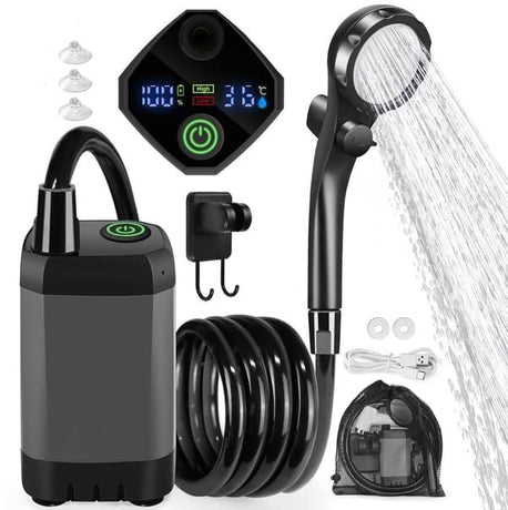 Portable shower pump, equipped with a rechargeable 6000mAh battery - outdoor shower, IPX7 waterproof, with temperature display - suitable for camping, car washing and pet car washing (gray)