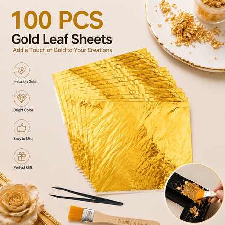 100PCS 24K pure gold leaf art pieces, can be used for painting, resin, gold plating, nail, gold leaf paper for DIY greeting cards, handicrafts, rock painting.